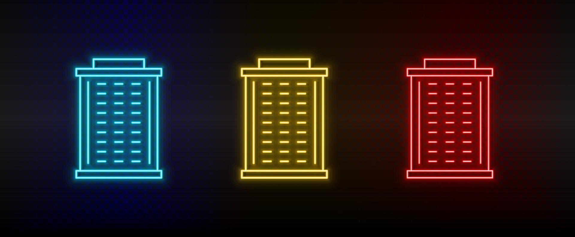 Neon icons. Building. Set of red, blue, yellow neon vector icon on dark background