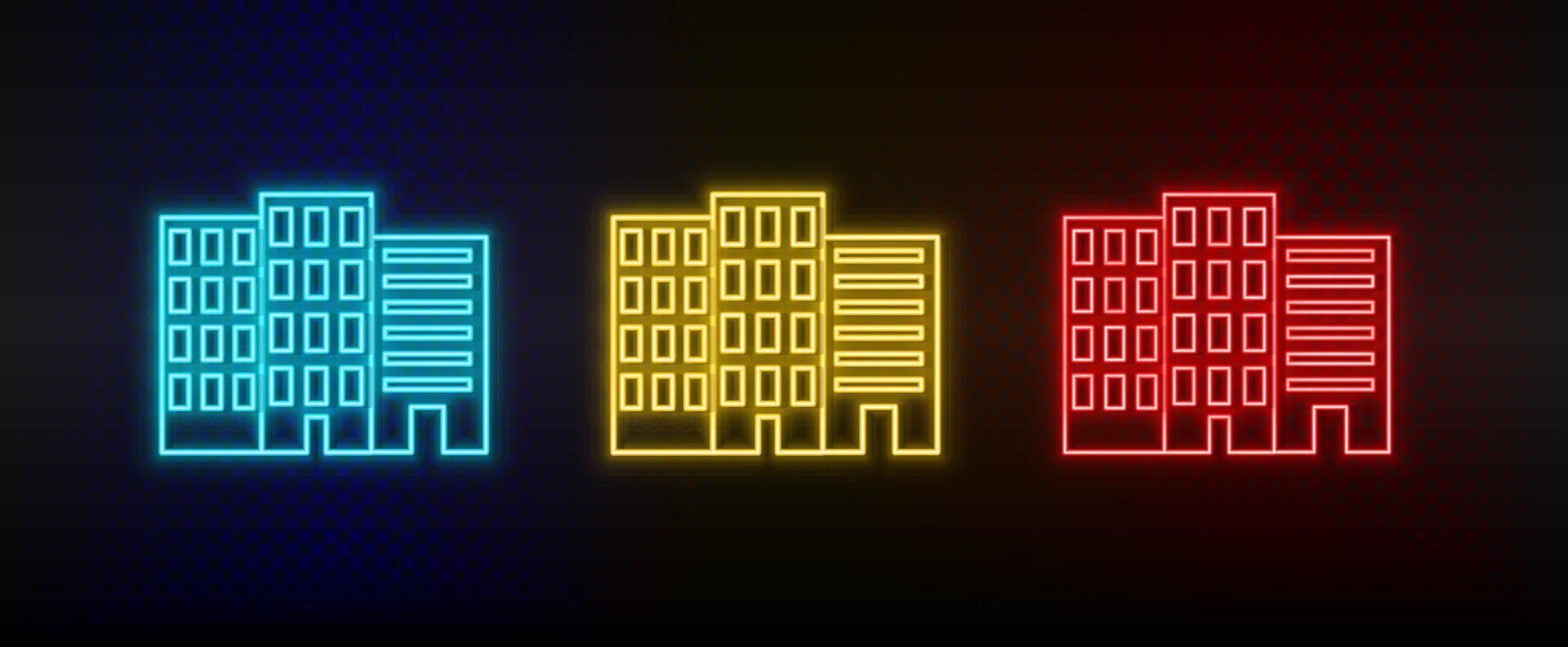 Neon icons. Building tower. Set of red, blue, yellow neon vector icon on dark background