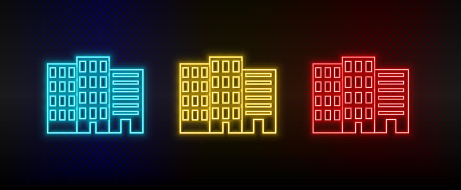 neón iconos edificio torre. conjunto de rojo, azul, amarillo neón vector icono en oscuro antecedentes