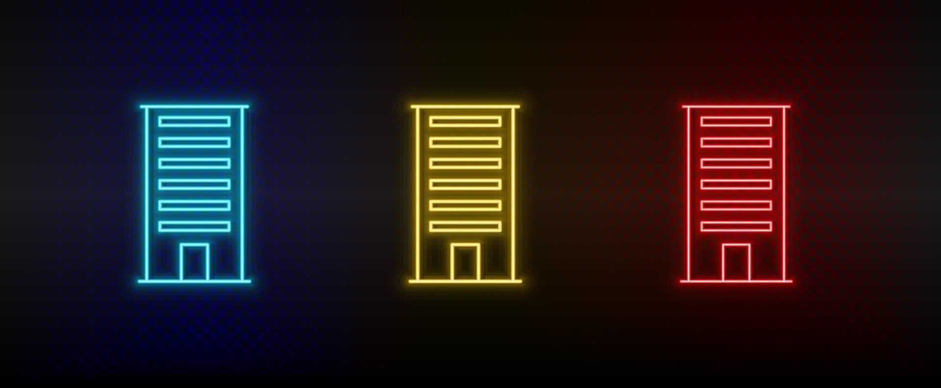 Neon icons. Building. Set of red, blue, yellow neon vector icon on dark background