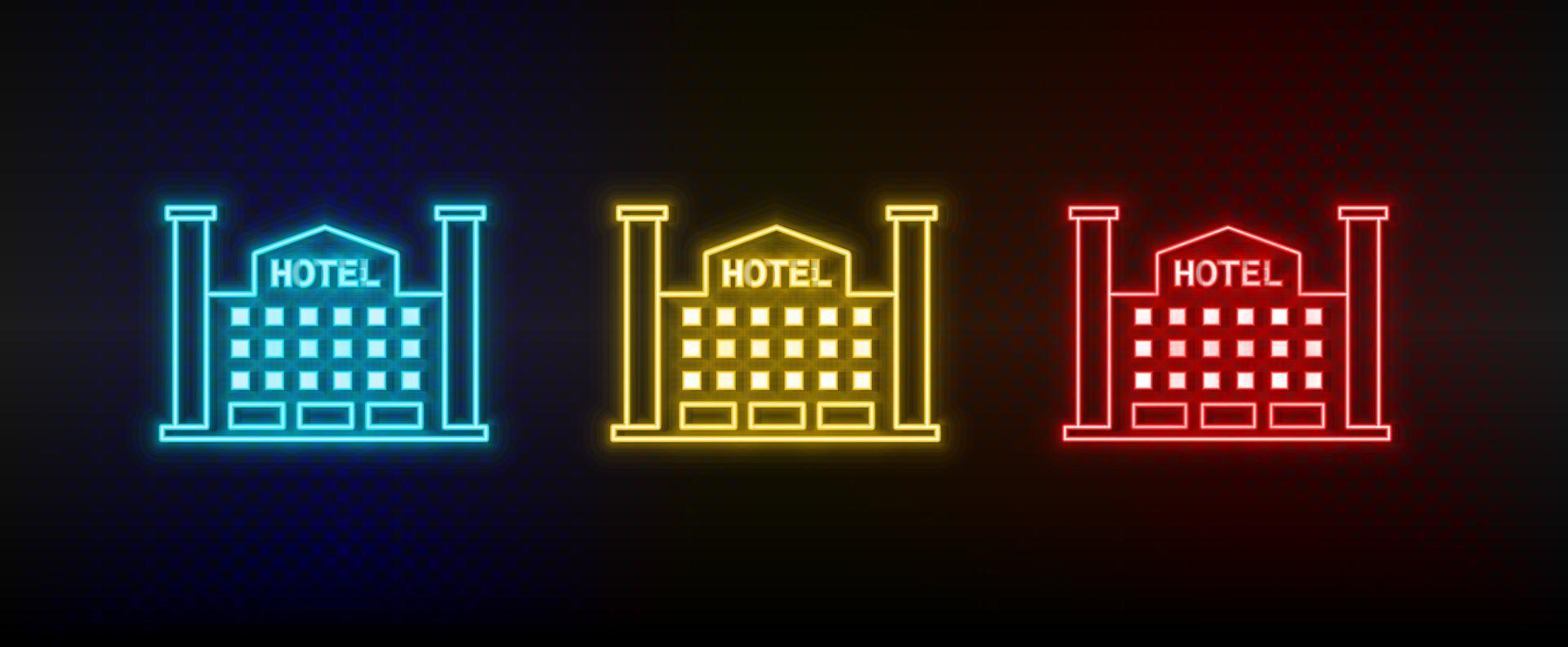 Neon icons. Building. Set of red, blue, yellow neon vector icon on dark background