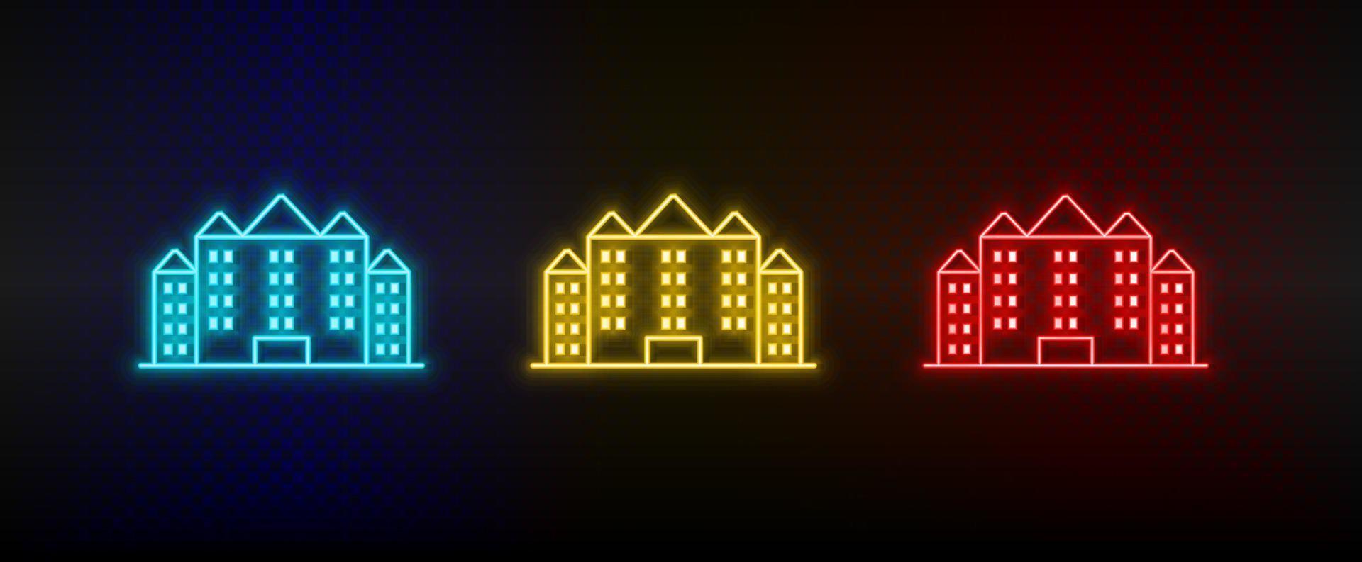 Neon icons. Building hotel. Set of red, blue, yellow neon vector icon on dark background