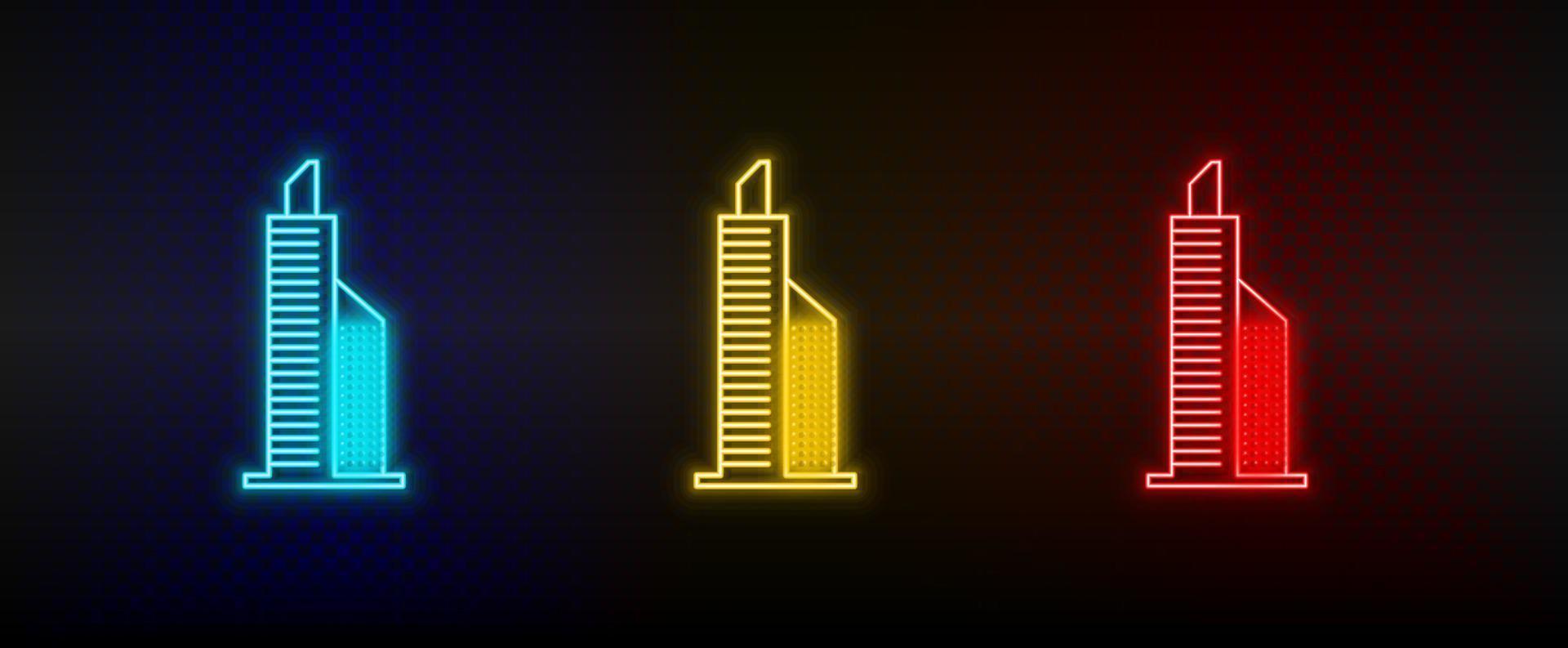 Neon icons. Building. Set of red, blue, yellow neon vector icon on dark background