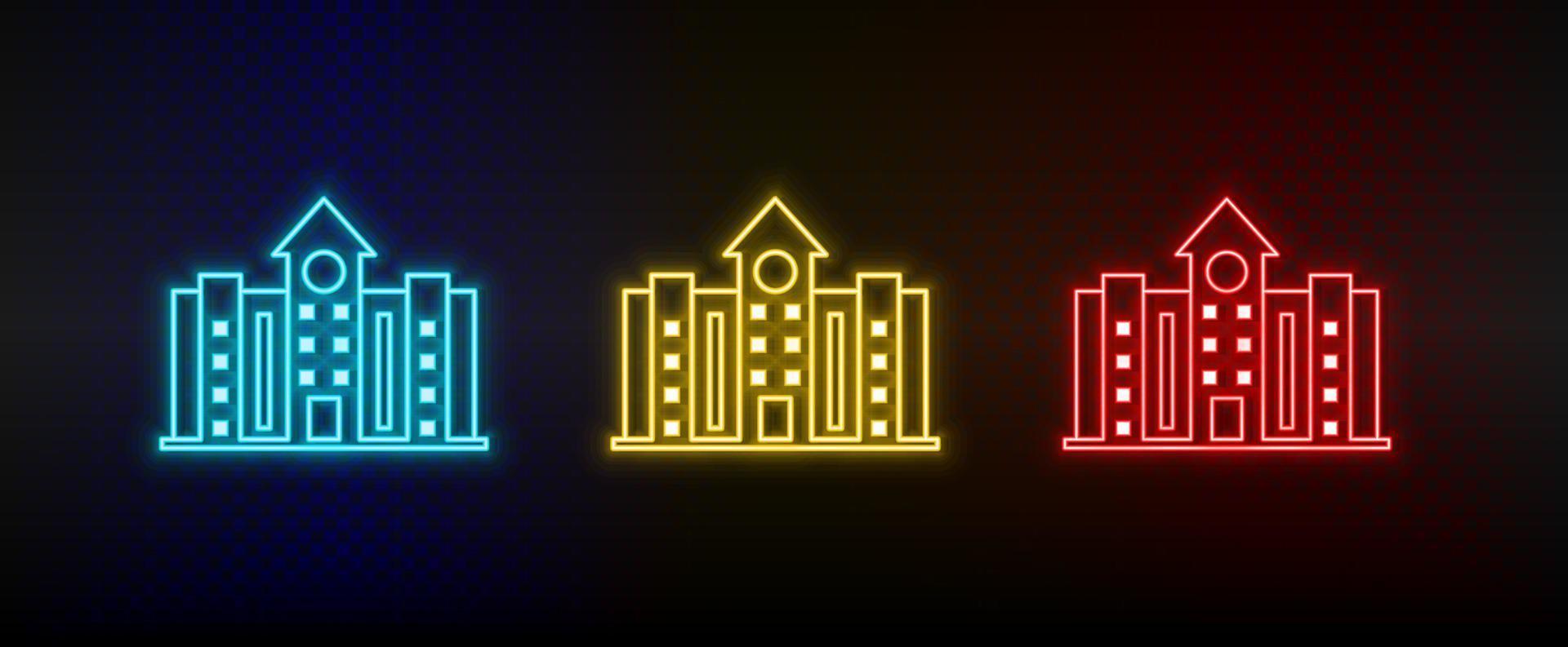 Neon icons. Building. Set of red, blue, yellow neon vector icon on dark background