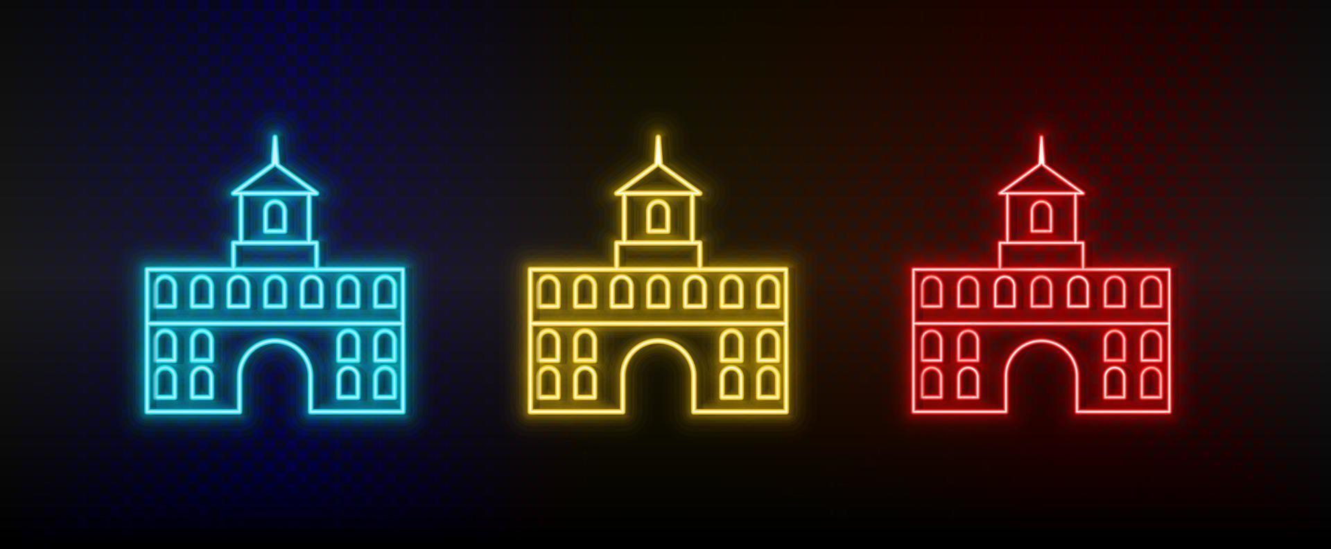 Neon icons. Building. Set of red, blue, yellow neon vector icon on dark background