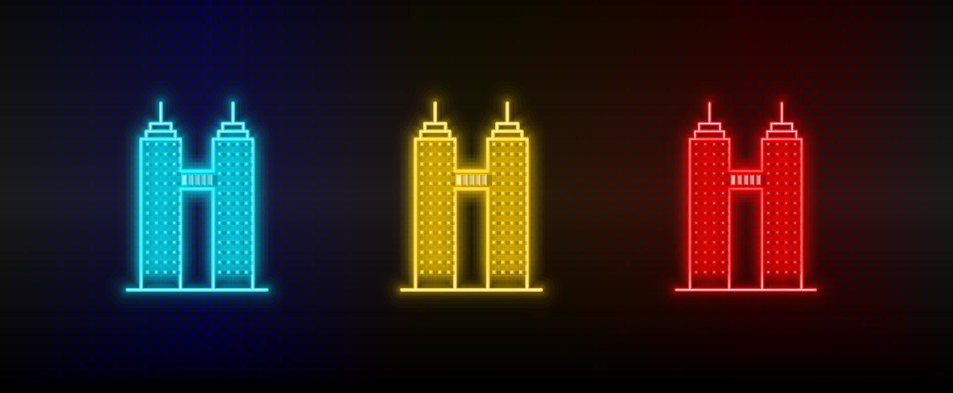 Neon icons. Building. Set of red, blue, yellow neon vector icon on dark background