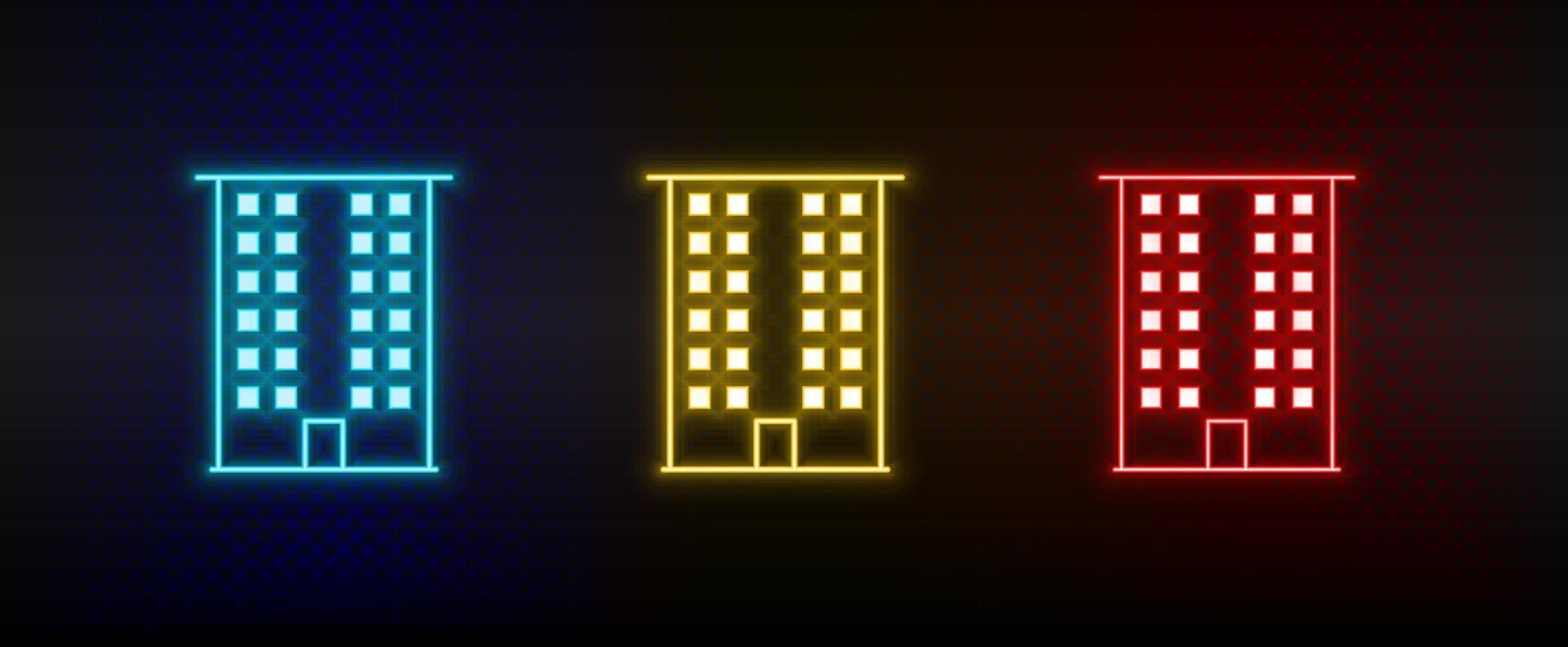 Neon icons. Building. Set of red, blue, yellow neon vector icon on dark background