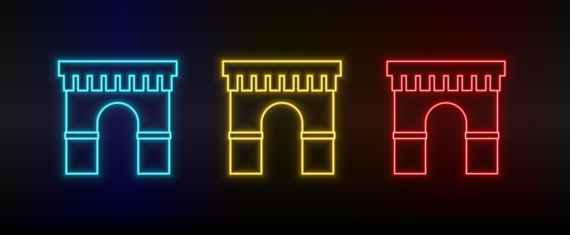 Neon icons. Building. Set of red, blue, yellow neon vector icon on dark background