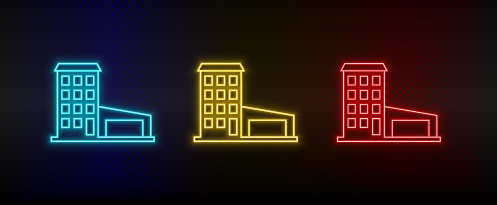 Neon icons. Building. Set of red, blue, yellow neon vector icon on dark background