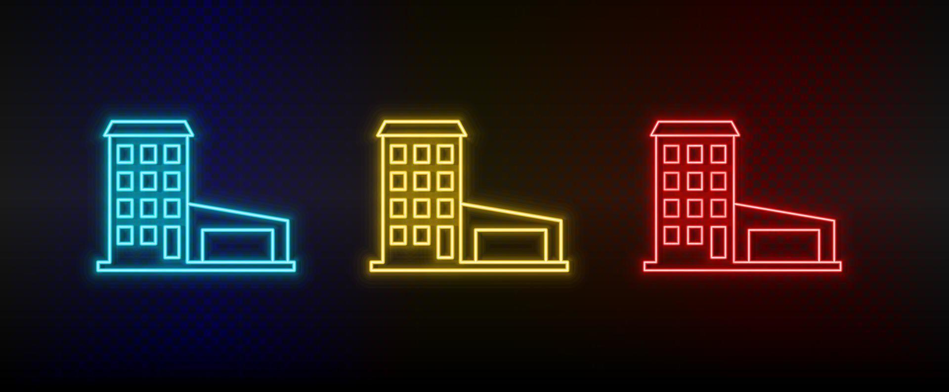 neón iconos edificio. conjunto de rojo, azul, amarillo neón vector icono en oscuro antecedentes