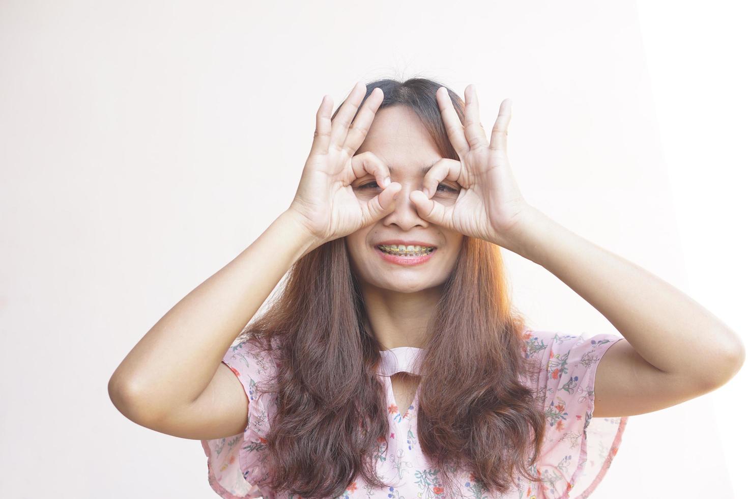 Asian woman smiling happily, cute, bright photo