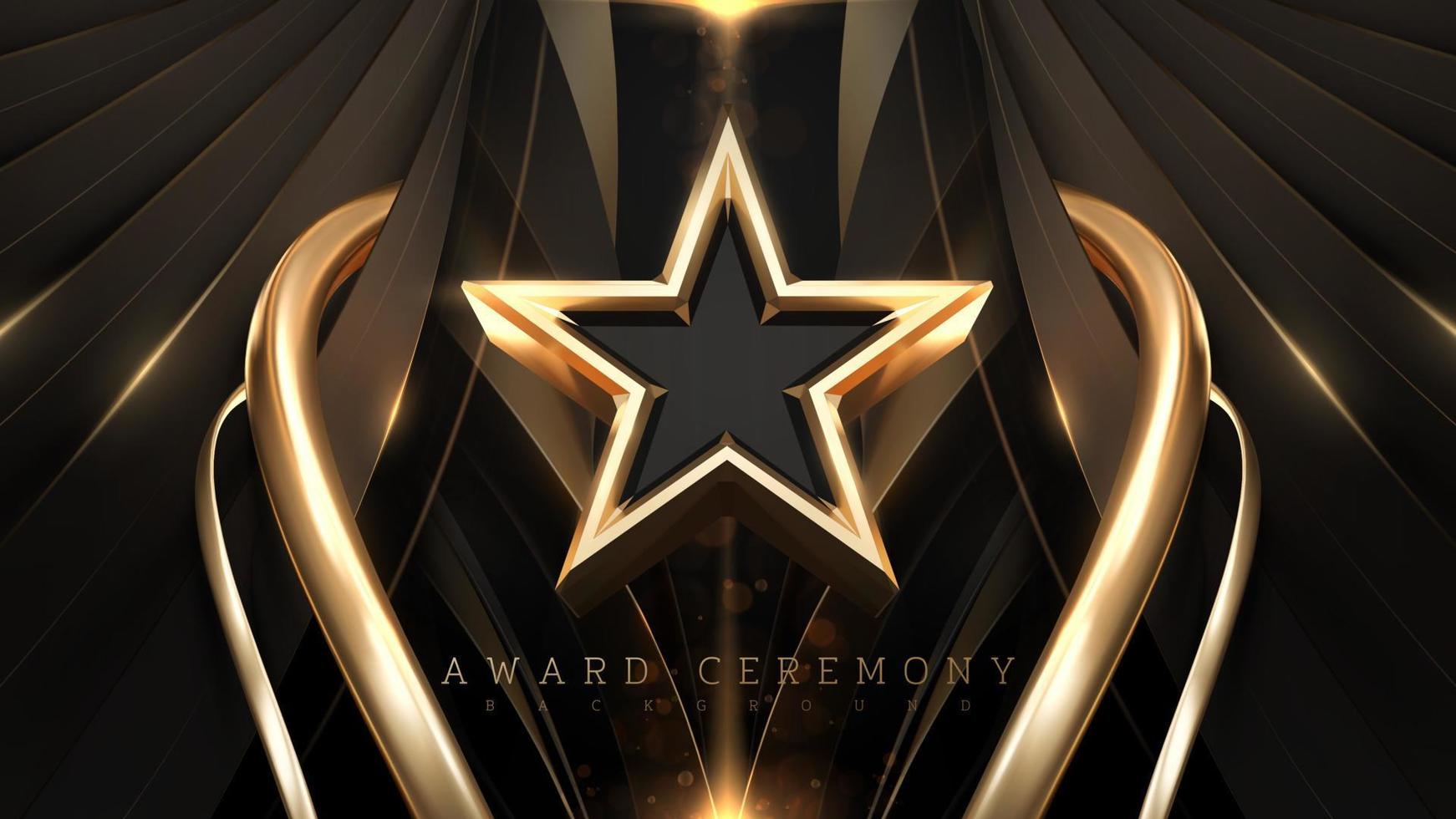 Award ceremony background with 3d gold star and ribbon element and glitter light effect decoration. vector