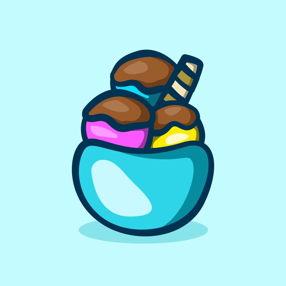 cartoon illustration of ice cream in cup with rolled wafer vector