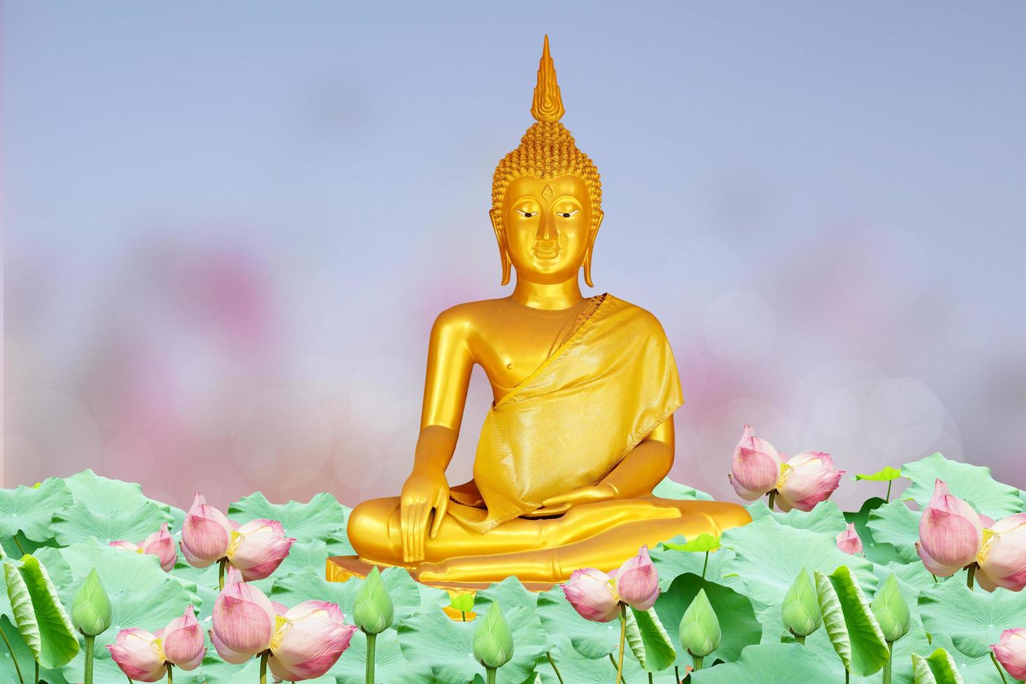 Makha Asanaha Visakha Bucha Day Golden Buddha image. Background of Bodhi leaves with shining light. Soft image and smooth focus style photo
