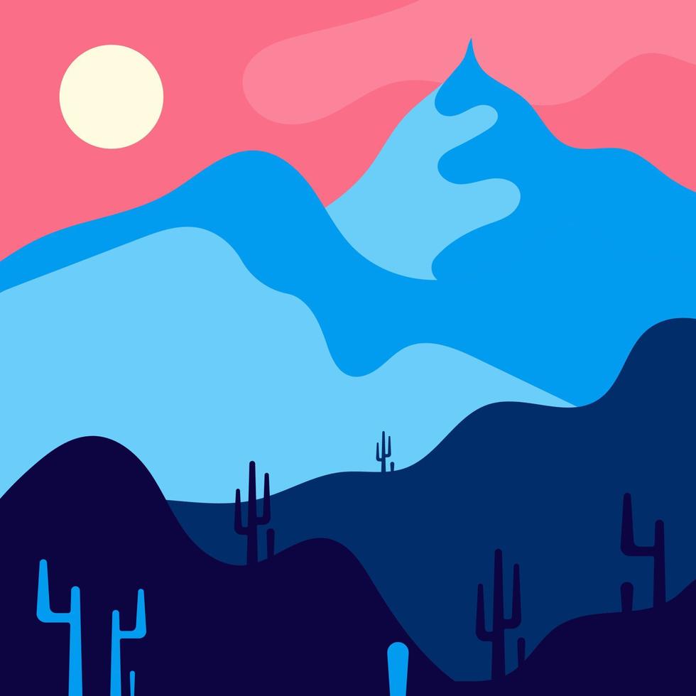 Flat abstract icon, sticker, button with desert, colored mountains, sun, cactuses in neon blue and pink colors vector