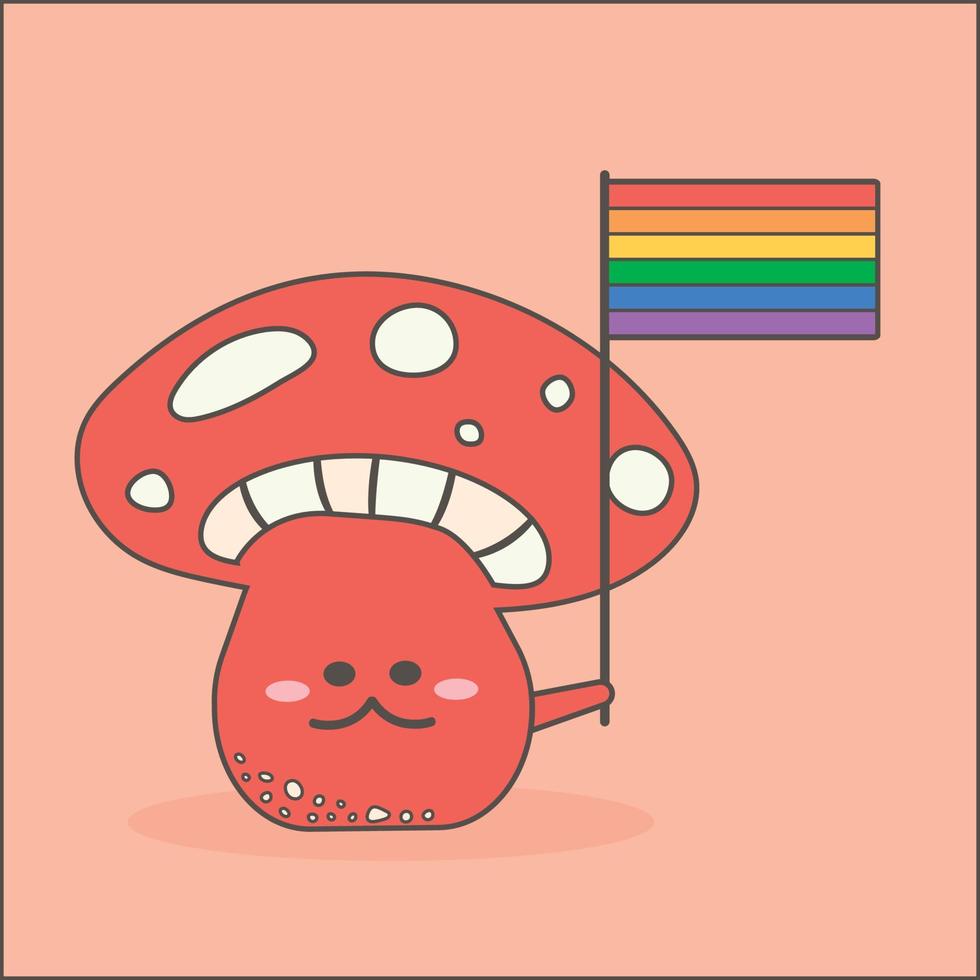 Sticker, button, banner with mushroom with cute funny face, holding lgbt flag in hippie style vector