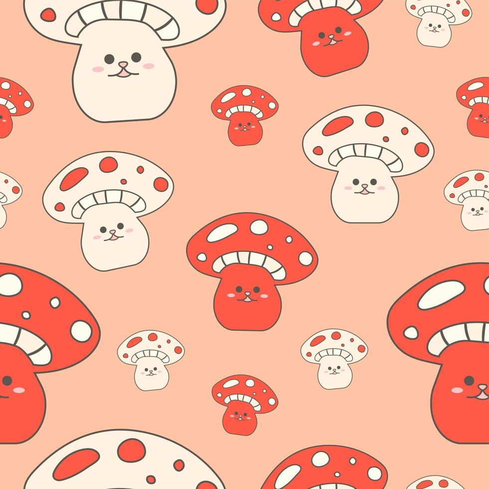 Seamless pattern, background with smiling amanitas red and small in hippie style vector