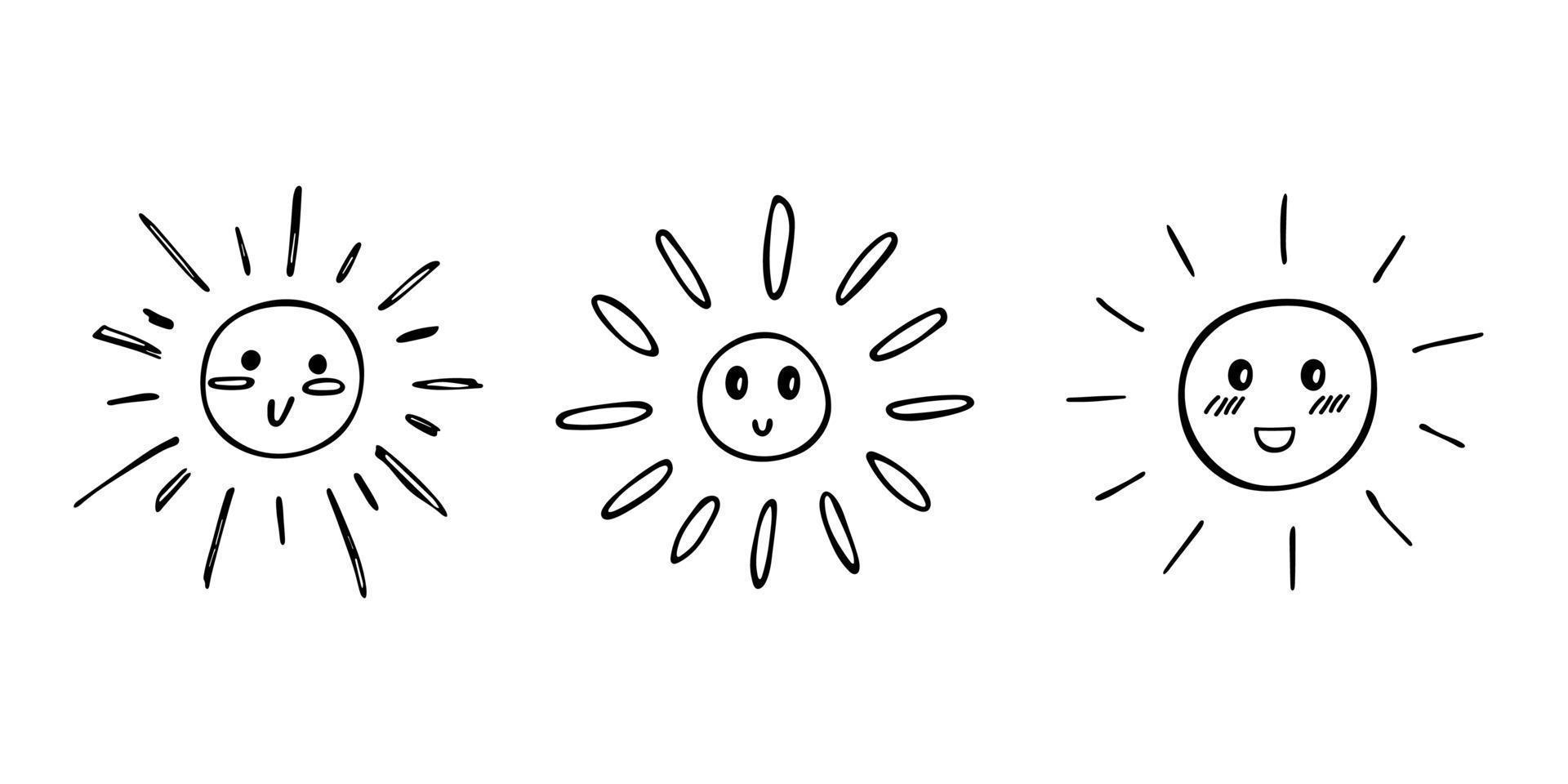 Hand drawn happy sun emoji. Summer doodle set. Vector elements for design