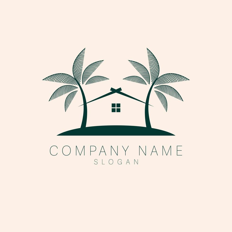 Vector logo template with villa and palm trees - abstract summer and vacation icon and emblem for vacation rentals, travel services, tropical spas and beauty studio.