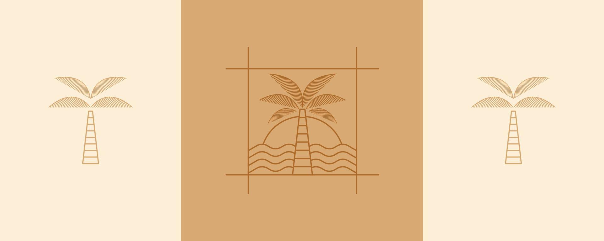 Palms, sea and sunrise vector set.  Elegant palm and beach logo design line icon vector in luxury style outline linear. Premium boutique, jewelry, vacation, tourism emblem logo design set.