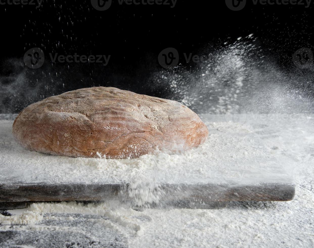 baked oval rye bread in sprinkles of white flour photo