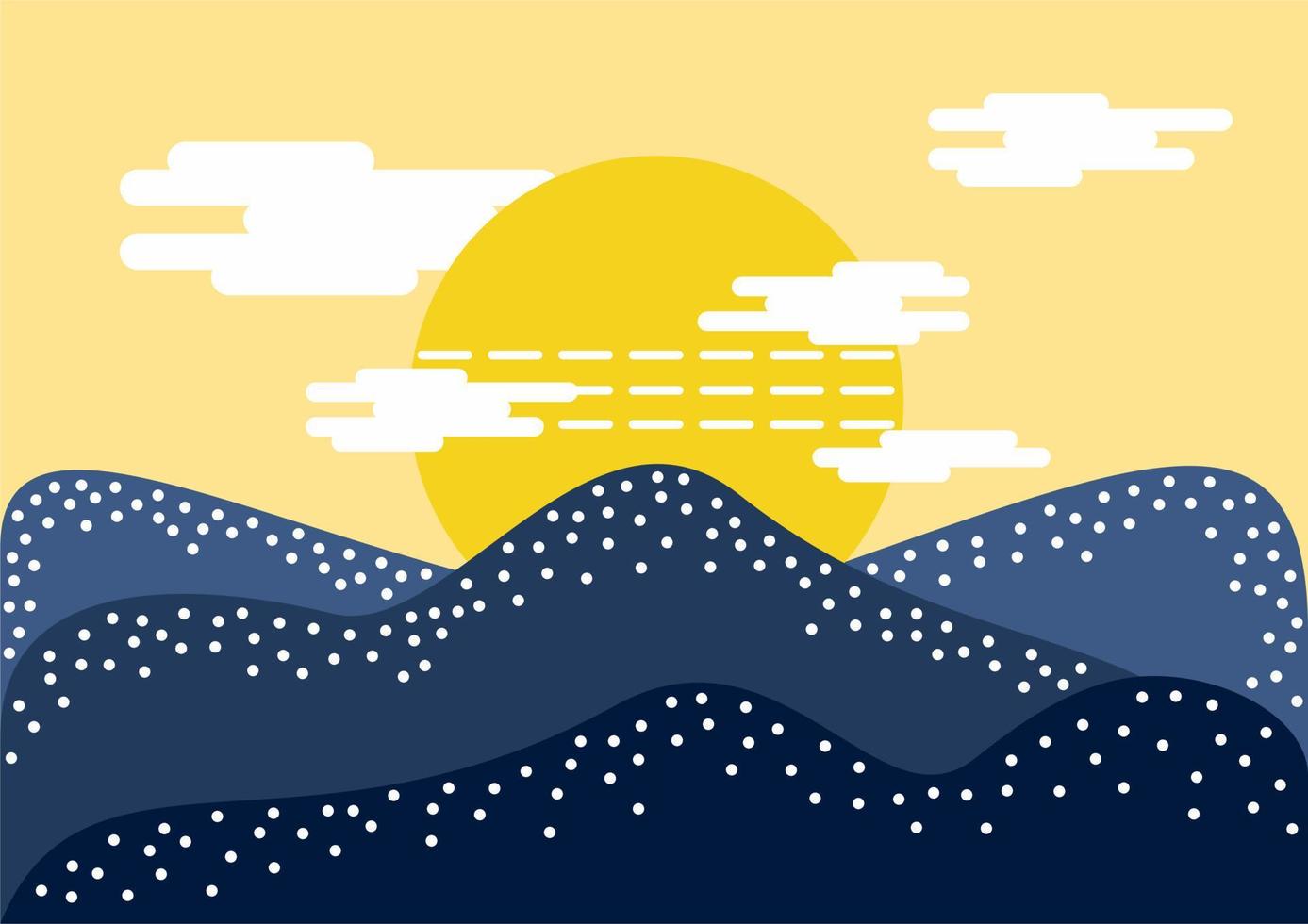 Japanese style vector background design with mountains and sky. Sun. Landscape. Blue, yellow, white colors.