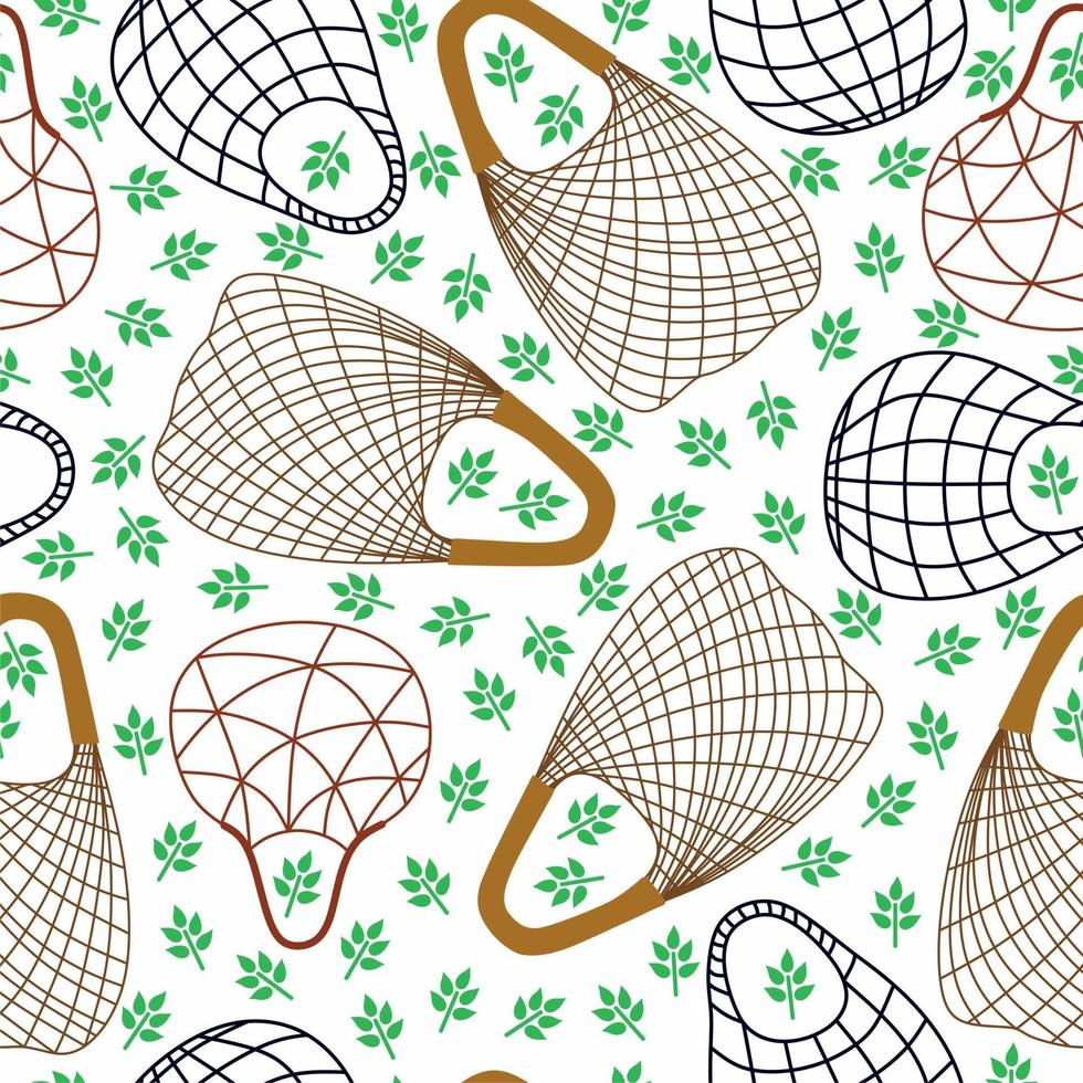 Vector mesh or mesh shopping bags for eco friendly living. Zero waste. Green leaves. Wrapping paper, print, textile, fabric.
