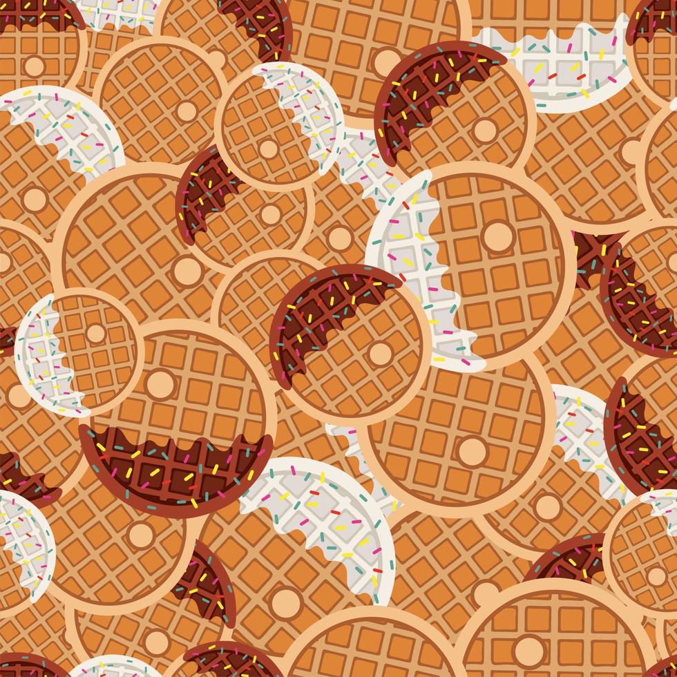 Sweet food and dessert food, vector seamless pattern of circle golden brown homemade corn waffle in various flavors decorations and white, black chocolate. Print, textile, fabric, wrapping paper.