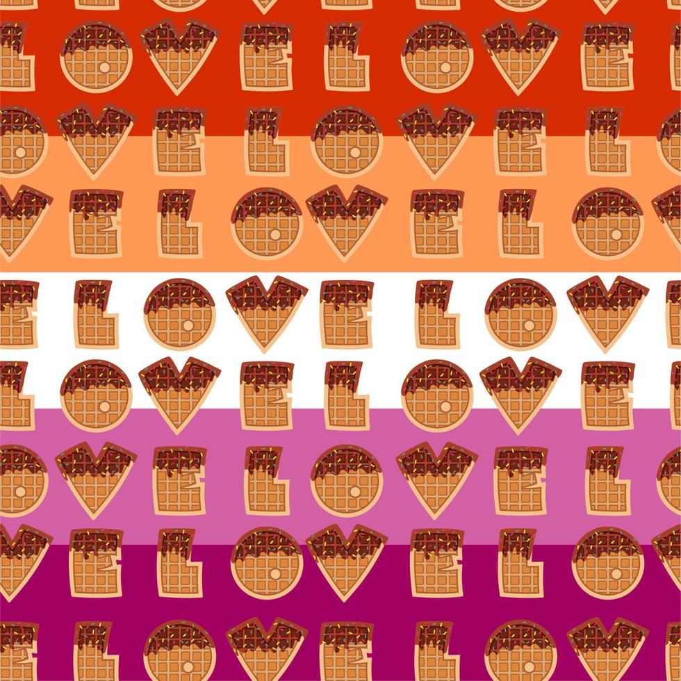 Sweet food and dessert food, vector illustration of golden brown homemade corn dog or hot dog waffle in various flavors decorations and dark chocolate on lesbian seamless background. Love.