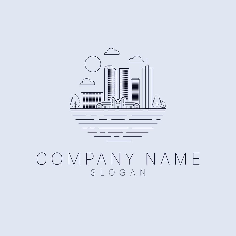 City with skyscapers line art logo design. Silhoette skyline logotype. Luxury real estate logo template. vector