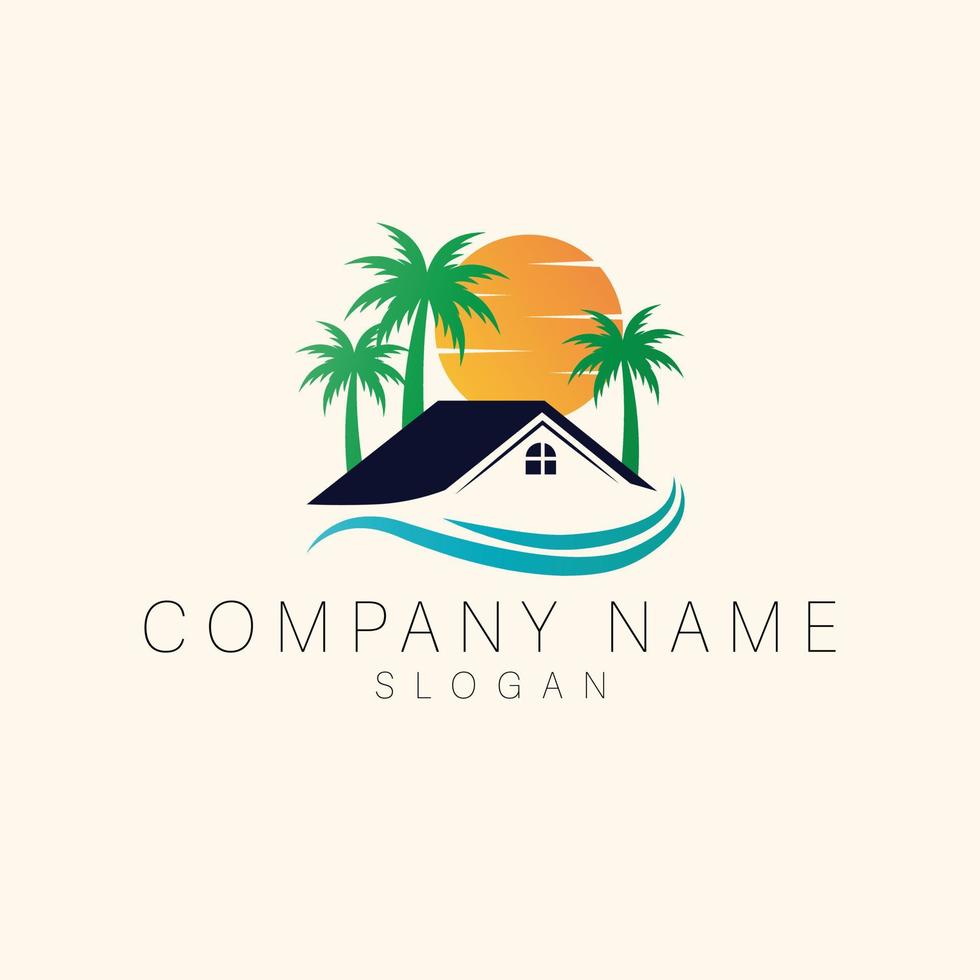 House, palms and sun logo vector illustration. Luxury vacation logotype. Summer Travel logo template.