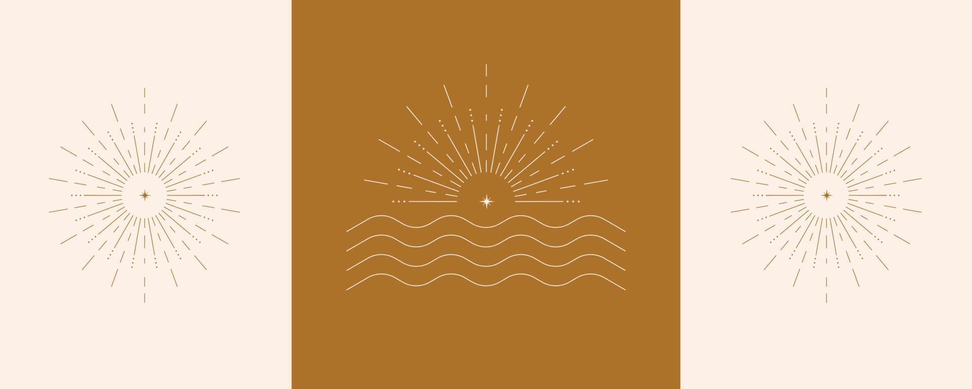 Sun and waves vector set.  Elegant sunset sunrise and sea logo design line icon vector in luxury style outline linear. Premium boutique, jewelry, wedding salon emblem logo design set.