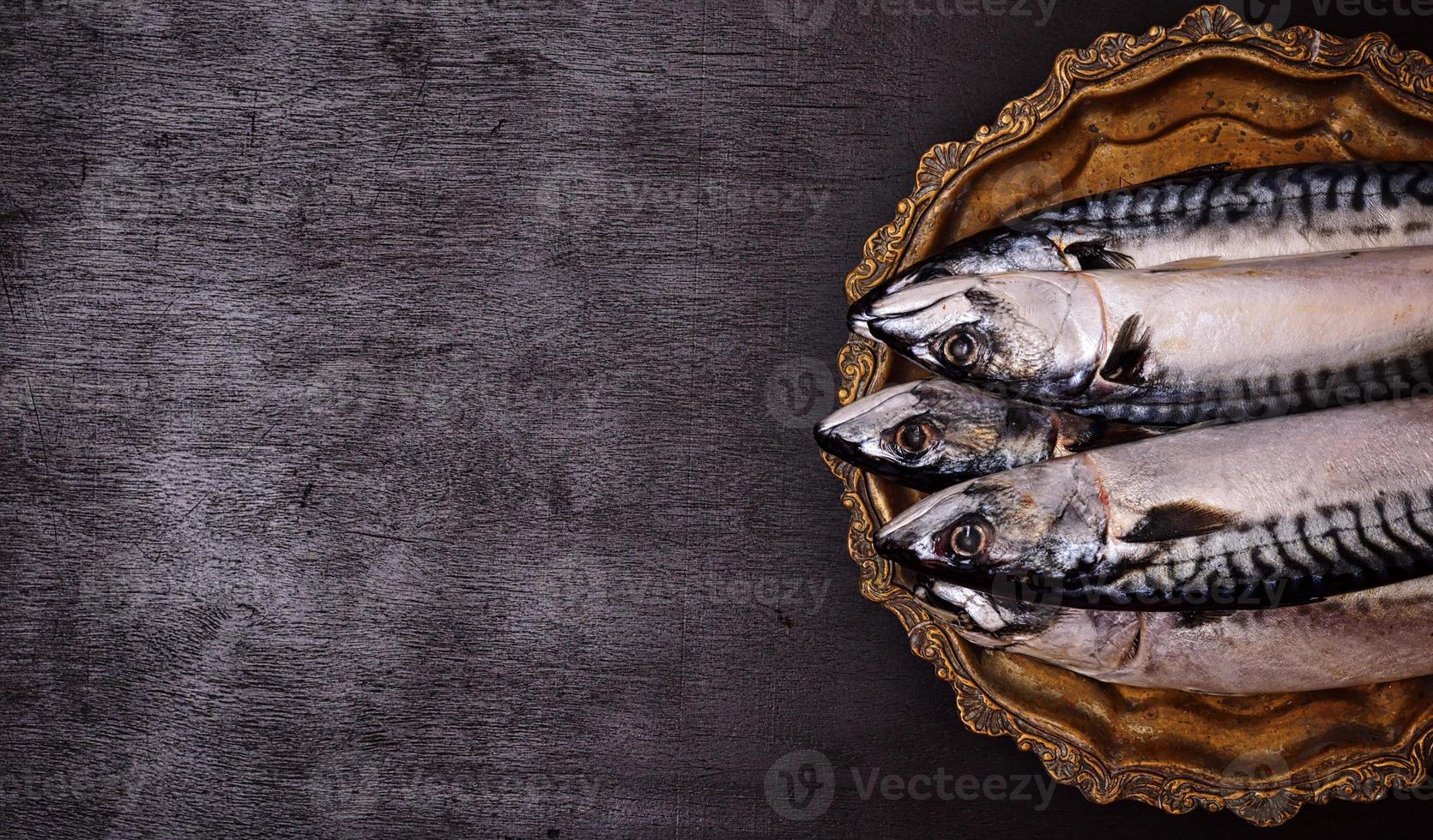 Fresh whole mackerel on a copper plate photo