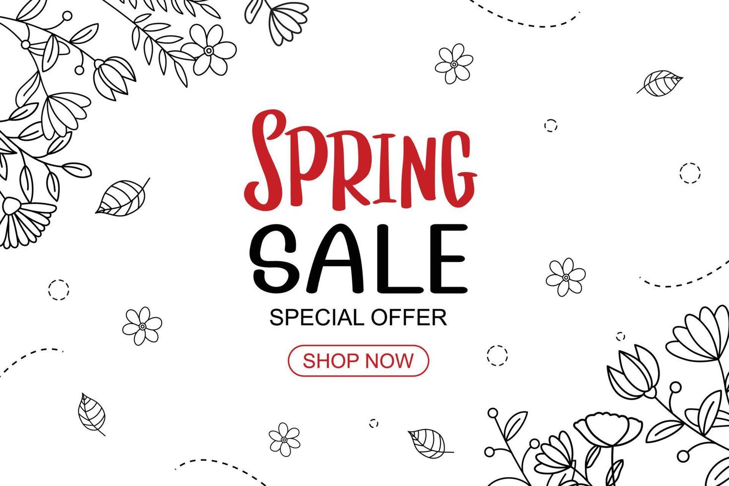 Spring sale banner with leaf and flower hand drawn on white background. vector