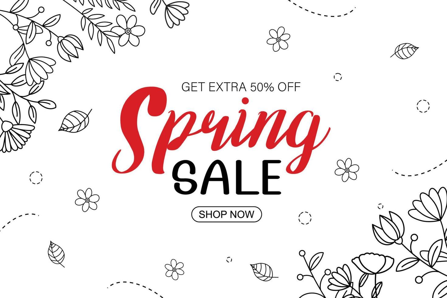 Spring sale banner with leaf and flower hand drawn on white background. Poster sale up to 50 off. vector