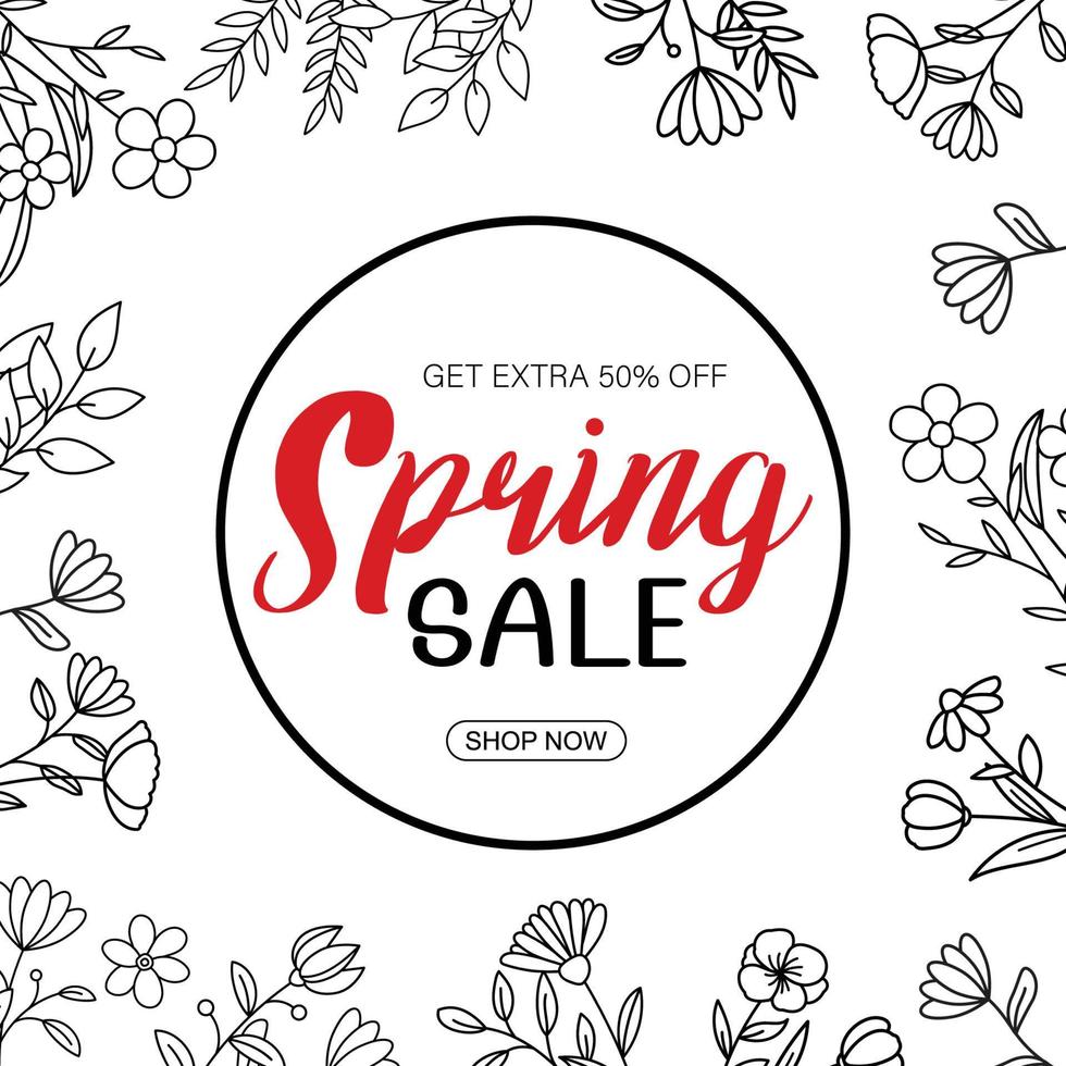 Spring sale banner with leaf and flower hand drawn on white background. Poster sale up to 50 off. vector