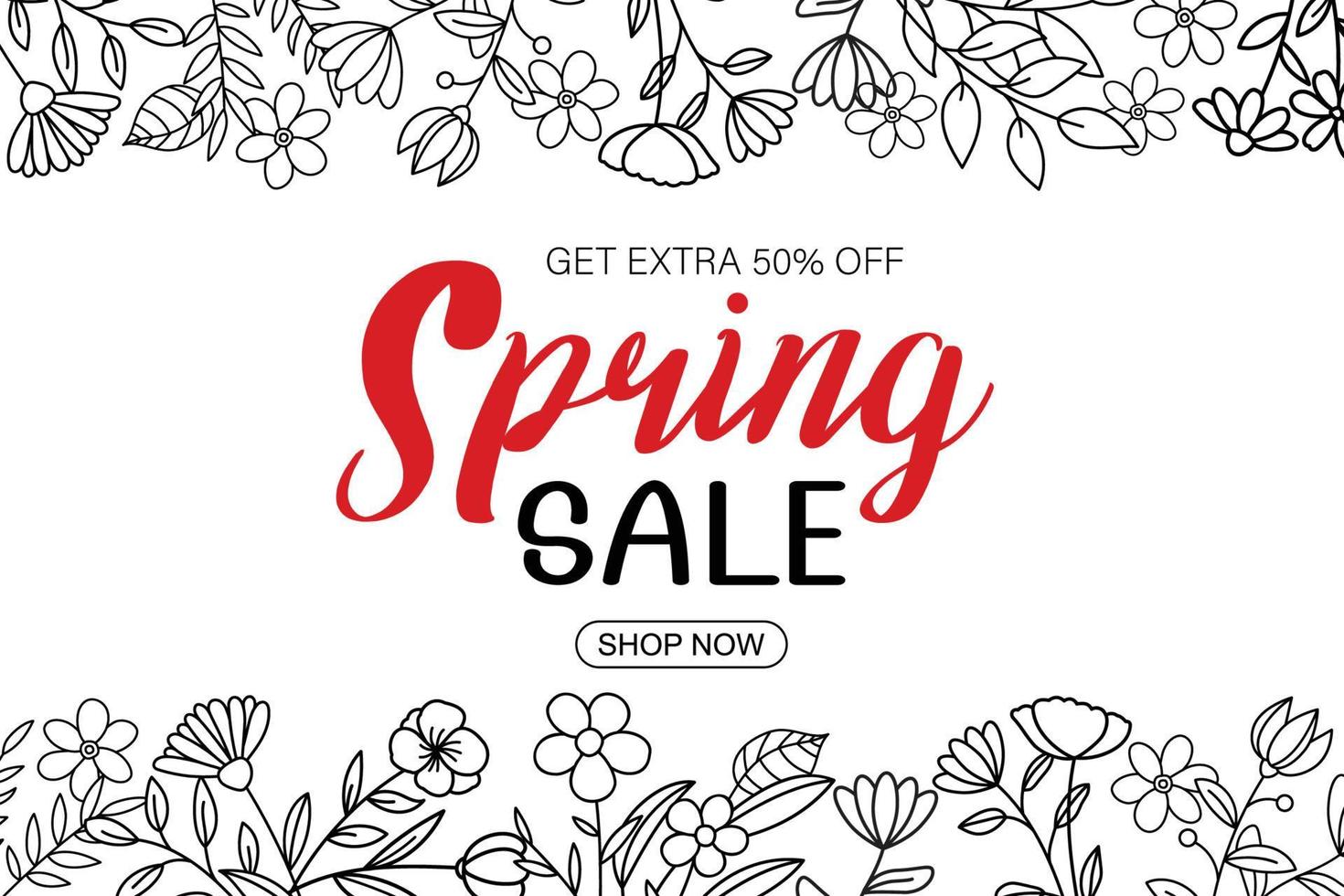 Spring sale banner with leaf and flower hand drawn on white background. Poster sale up to 50 off. vector