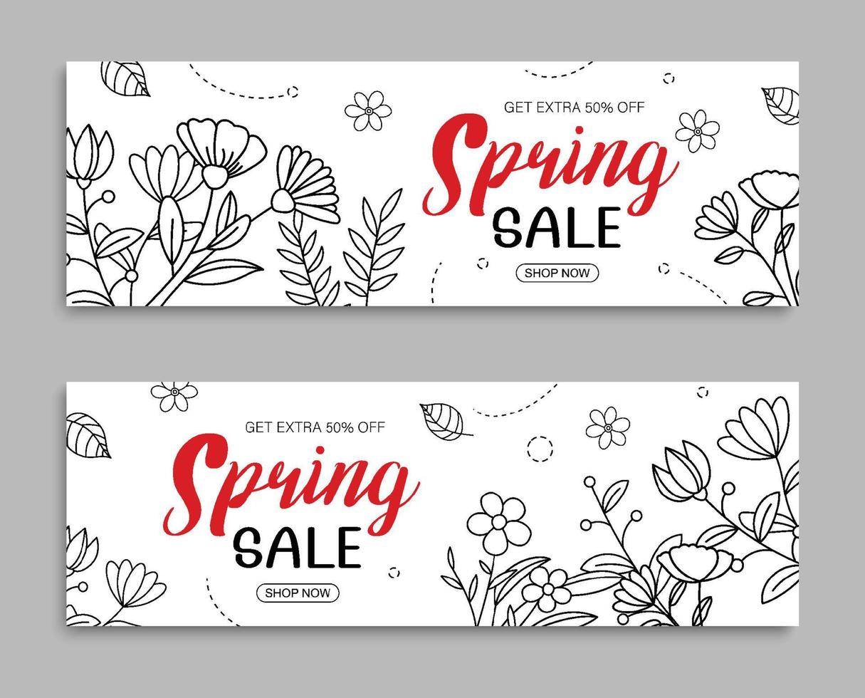 primavera rebaja bandera con hoja y flor mano dibujado en blanco antecedentes. póster rebaja arriba a 50 apagado. vector