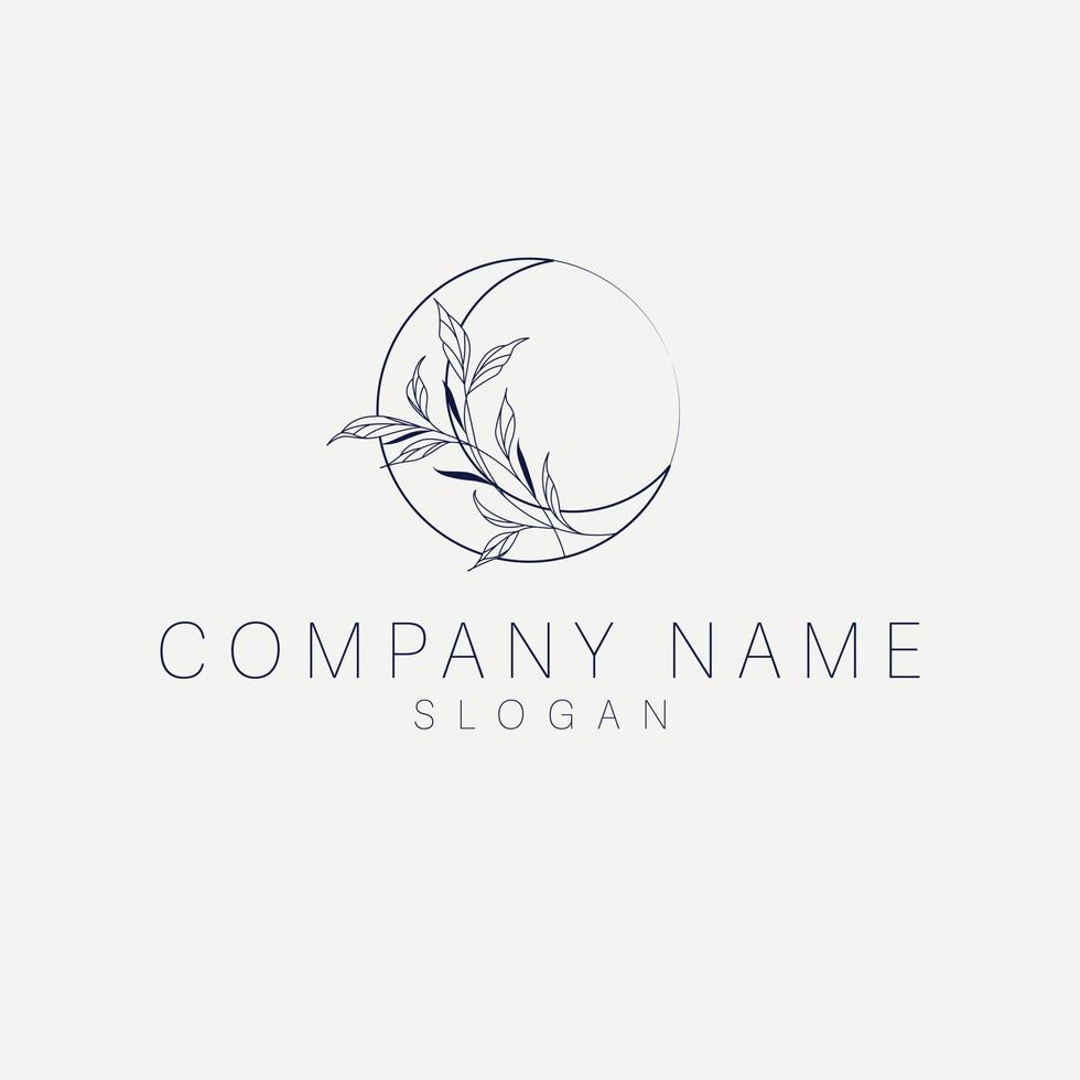 Vector logo on which an abstract image of a branch and the moon . Elegant crescent and leaves logo design line icon vector in luxury style outline linear. Premium boutique, jewelry, wedding salon.