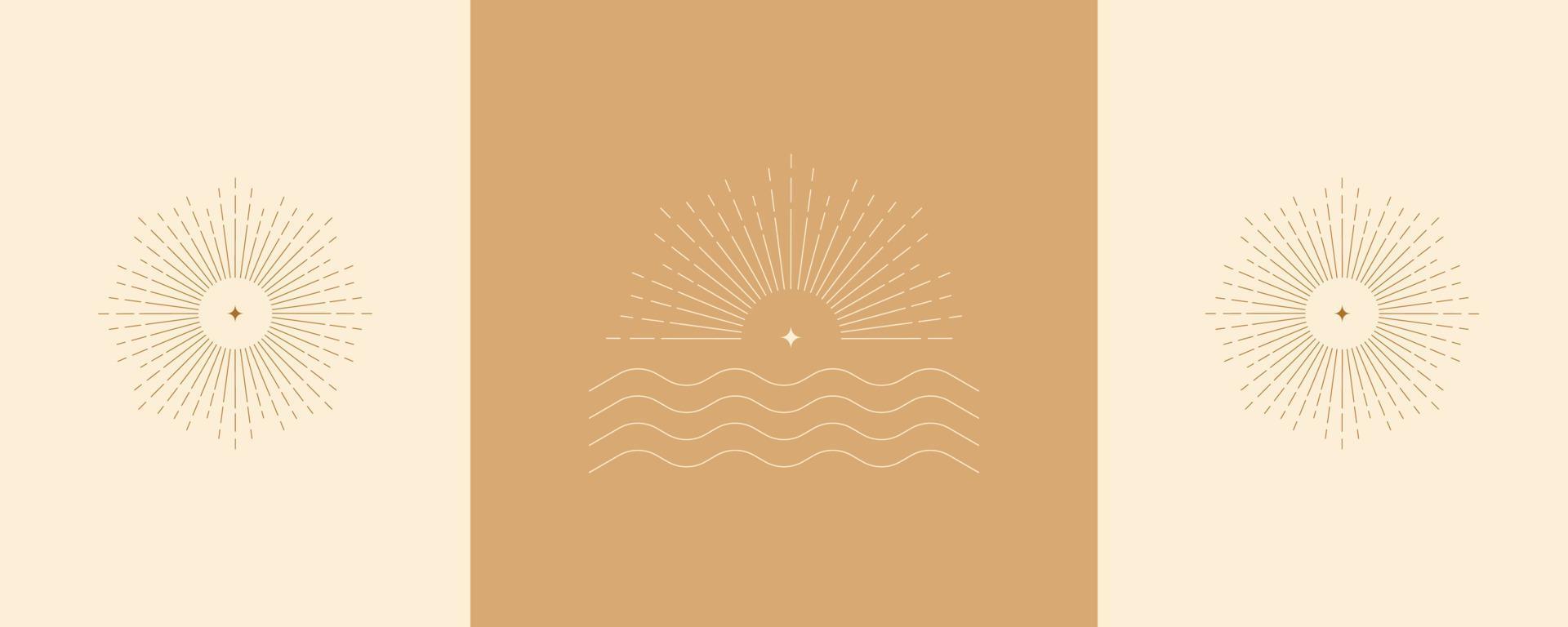 Sun and waves vector set.  Elegant sunset sunrise and sea logo design line icon vector in luxury style outline linear. Premium boutique, jewelry, wedding salon emblem logo design set.