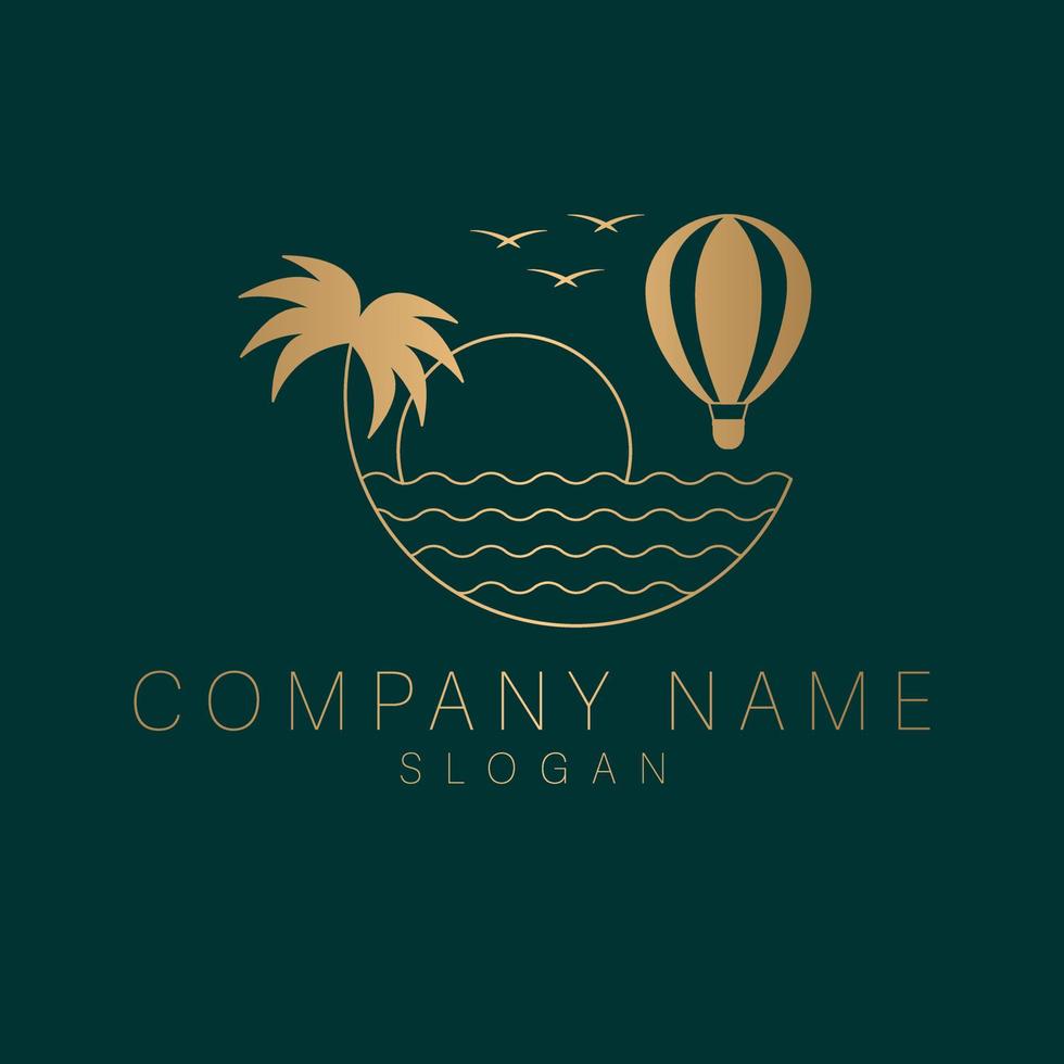 Air ballon, waves and palm logo design template. Modern bohemian abstract logotype. Luxury travel graphic design. vector