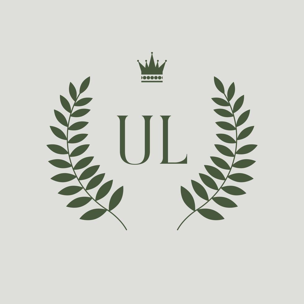 ul iniciales logo diseño. letras ul real emblema con corona. vector