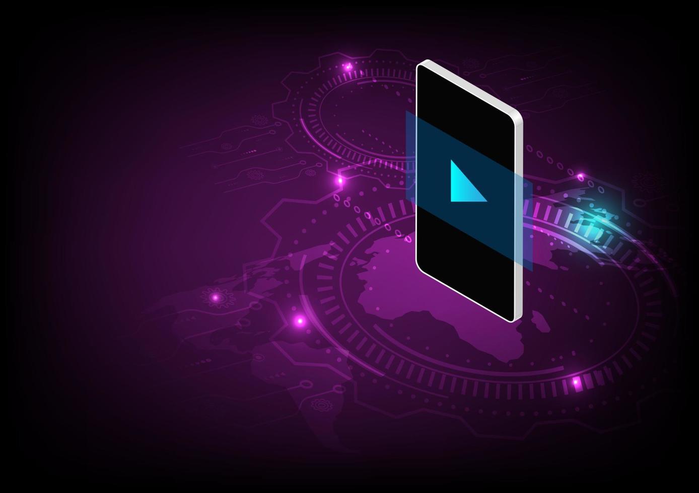 3D Smartphone with play button on screen. Abstract engineering and technology background with cog gear wheel and world map. Vector illustration.