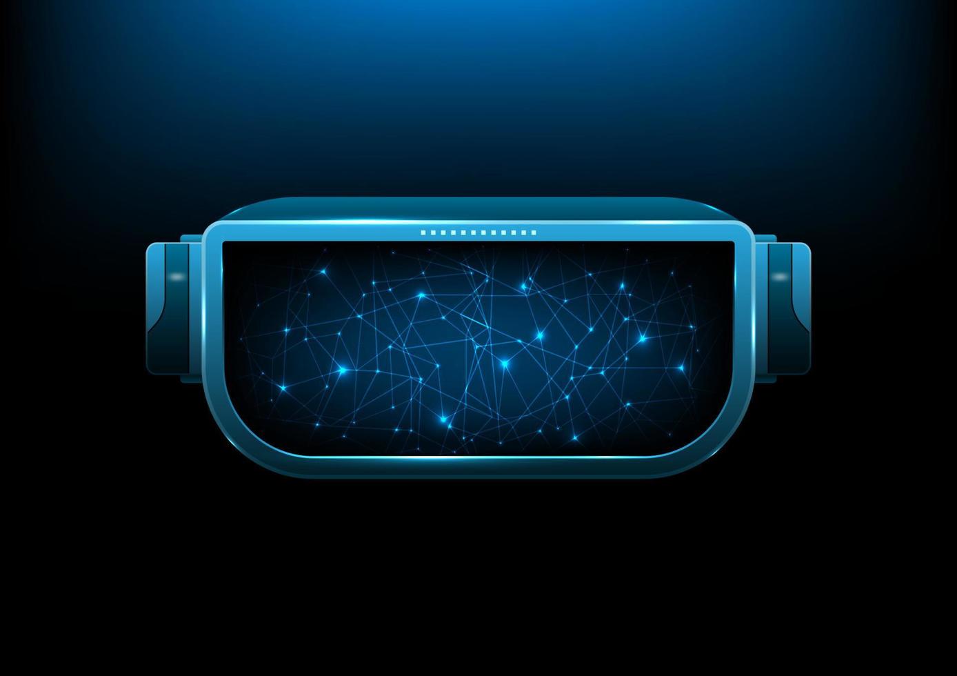 Virtual reality glasses technology with glowing wireframe lines and dots on blue background. Vector illustration