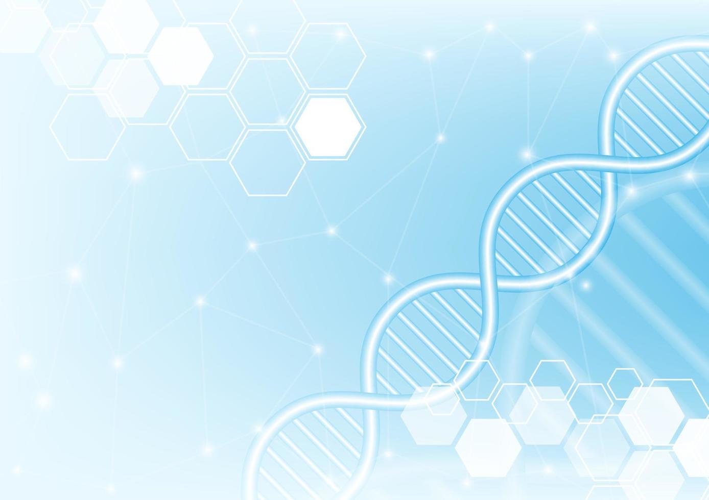 DNA molecule and geometric hexagon shape with wireframe lines and dots on light blue background. Abstract medicine genetic biotechnology and science technology vector illustration.