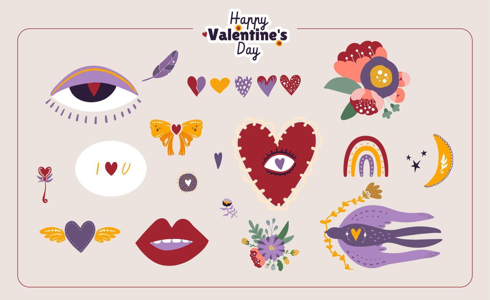 conjunto de mano dibujado vector ilustración San Valentín día carteles y tarjetas, pegatinas San Valentín día saludo tarjetas diseño en moderno retro Clásico maravilloso