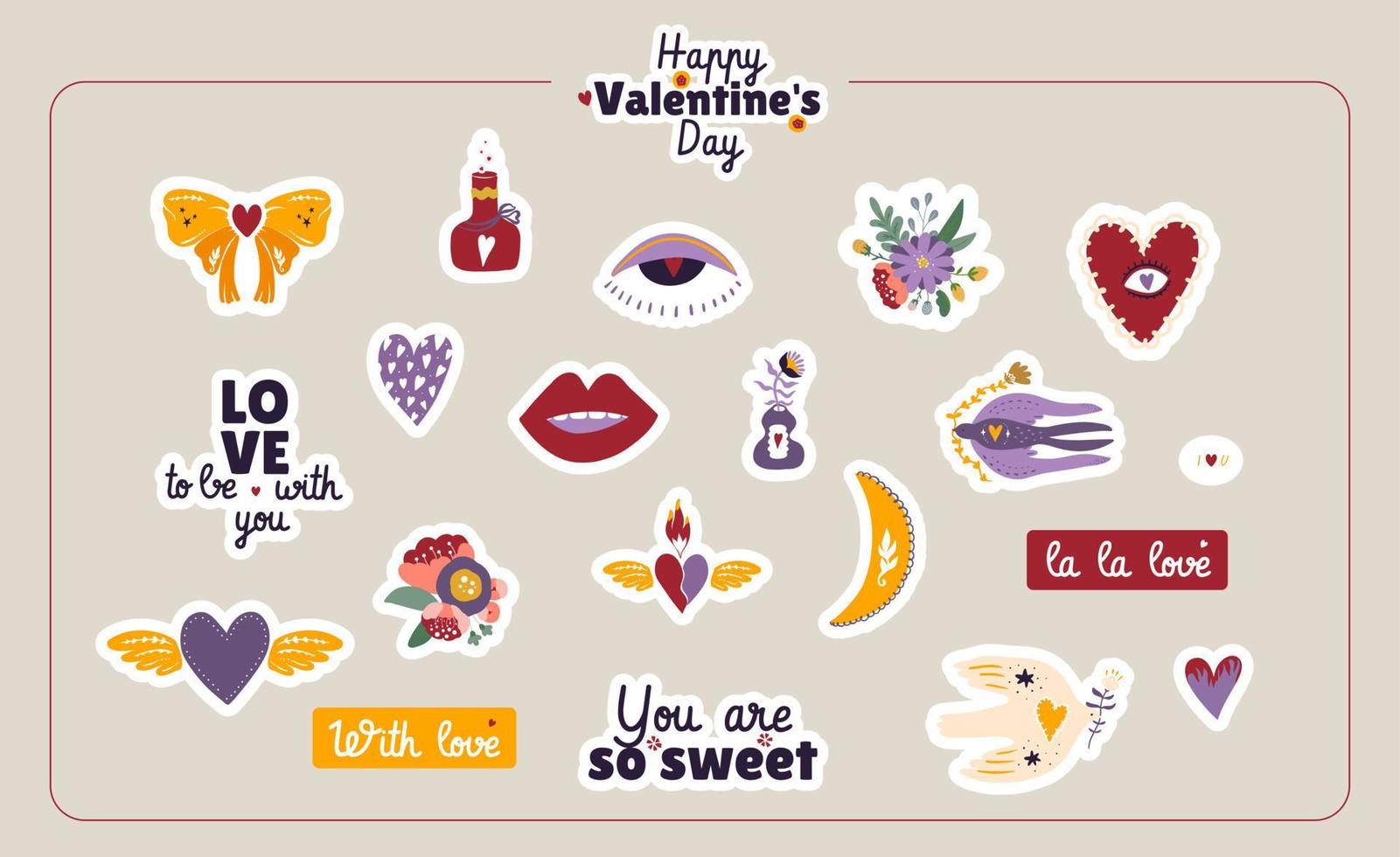 conjunto de mano dibujado vector ilustración San Valentín día carteles y tarjetas, pegatinas San Valentín día saludo tarjetas diseño en moderno retro Clásico maravilloso