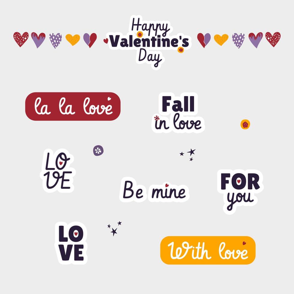Set of hand drawn vector illustration Valentine's Day posters and cards, stickers. Valentine's day greeting cards design in modern retro vintage groovy