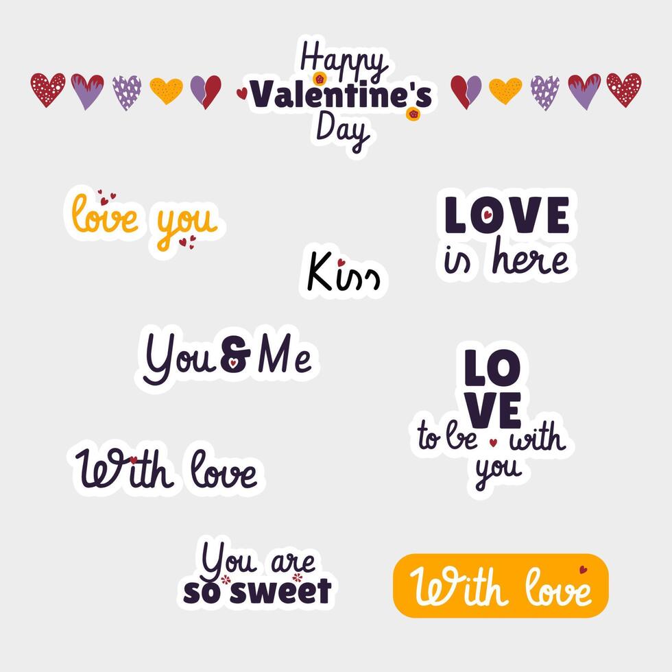 Set of hand drawn vector illustration Valentine's Day posters and cards, stickers. Valentine's day greeting cards design in modern retro vintage groovy