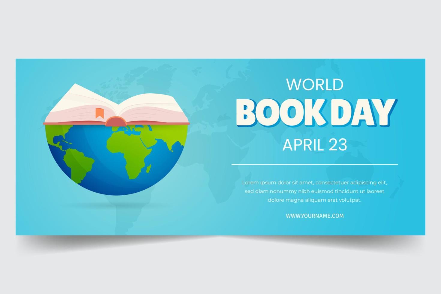 World book day April 23 horizontal banner with opened book and globe illustration vector
